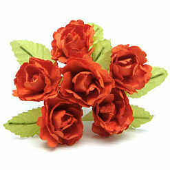 Букетик роз с листочками "Темно-оранжевый", 6 шт (Рукоделие)